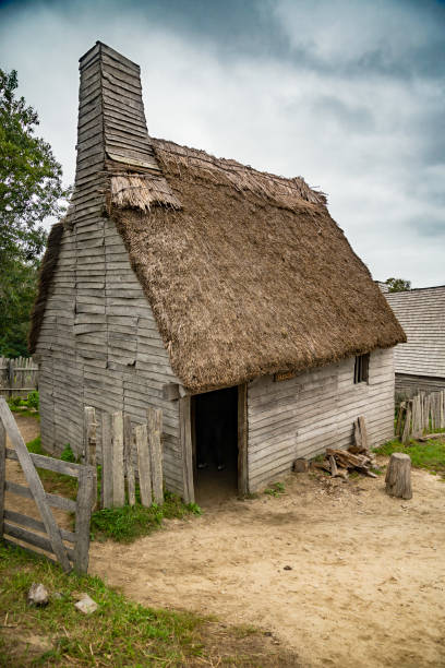 Old buildings in Plymouth plantation at Plymouth, MA stock photo