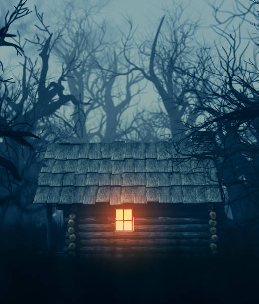old cabin in haunted forest Light from window of an old cabin in haunted forest,3d illustration for your book cover project hut stock pictures, royalty-free photos & images