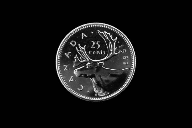 Old Canadian quarter on a black background stock photo