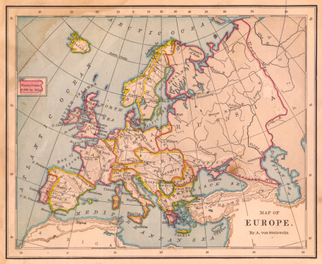 Color image of an old color map of Europe, from the 1800's.
