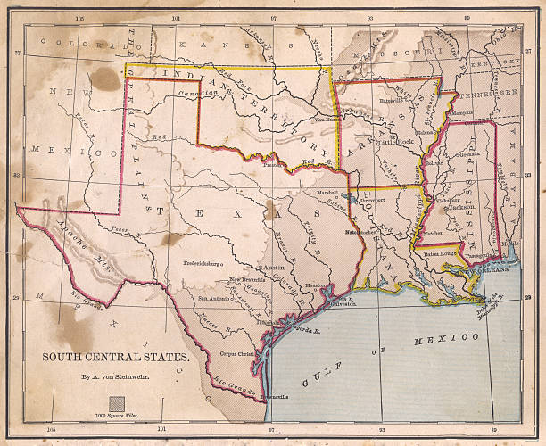 Old, Color Map of South Central States, From 1800's Color image of an old map of South Central (United) States, from 1800's. texas map stock pictures, royalty-free photos & images