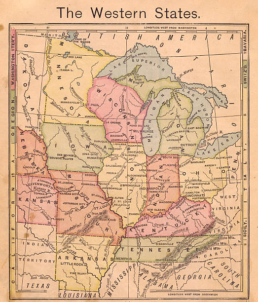 1867, old, color mapa del oeste de estados unidos - michigan iowa fotografías e imágenes de stock