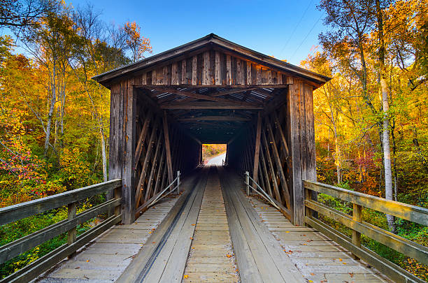 Old Covered Bridge in Fall Season Elder's covered bridge in the fall season in Oconee, Georgia, USA. covered bridge stock pictures, royalty-free photos & images