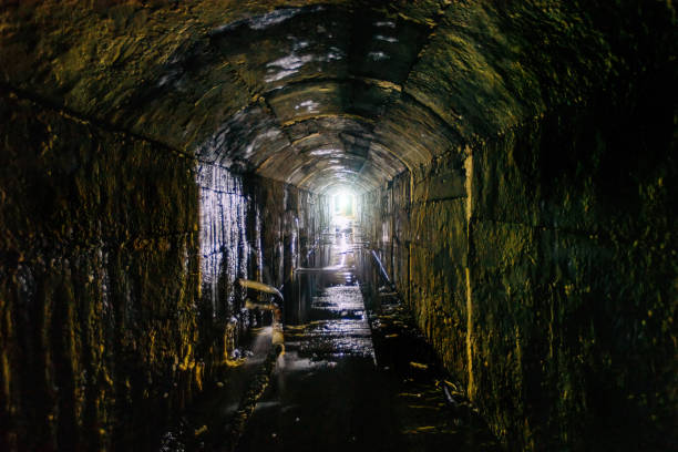Old dark vaulted underground flooded sewer tunnel stock photo