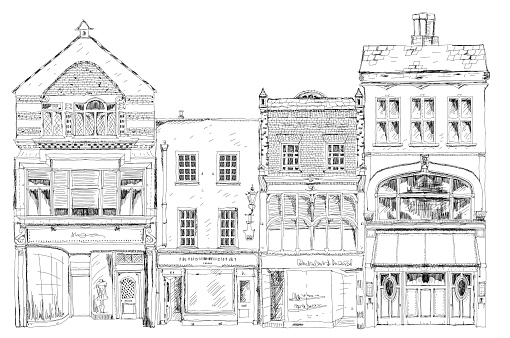 Old English Town Houses Bond Street London Sketch Collection Stock
