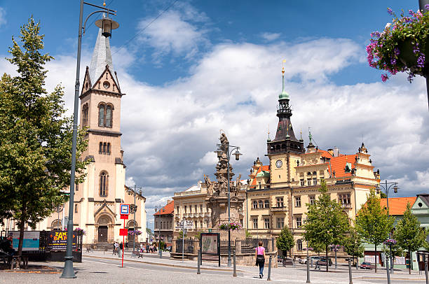 Old Europe square in small town Kladno, Czech Republic stock photo