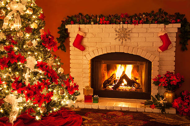 Old fashioned Christmas Fireplace and Tree (P) stock photo
