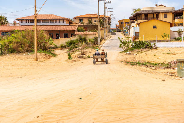 Old fashioned horse and cart entering town of Canoa Quebrada stock photo