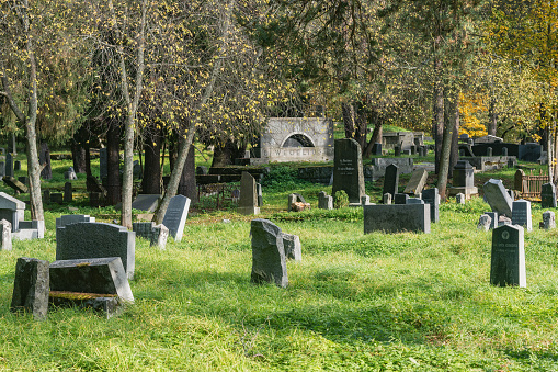 Sortavala, Russia - October 03, 2021: Old finnish cemetery at autumn day.