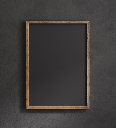 Old frame mock up close up on black wall, 3d render