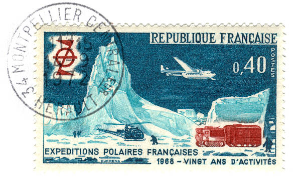 Old french stamp - Polar exploration 1968 stock photo