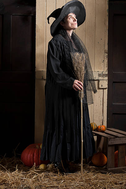old halloween witch with broom and pumpkins stock photo