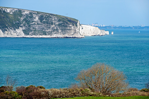 Old Harry Rocks in sunlight from the Isle of Purbeck along the Jurassic Coast in Dorset, England