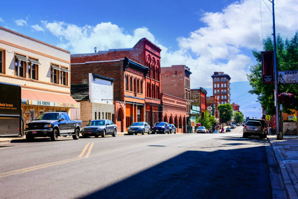 Old historic buildings on West Broadway Street in downtown Butte, Montana, USA stock photo