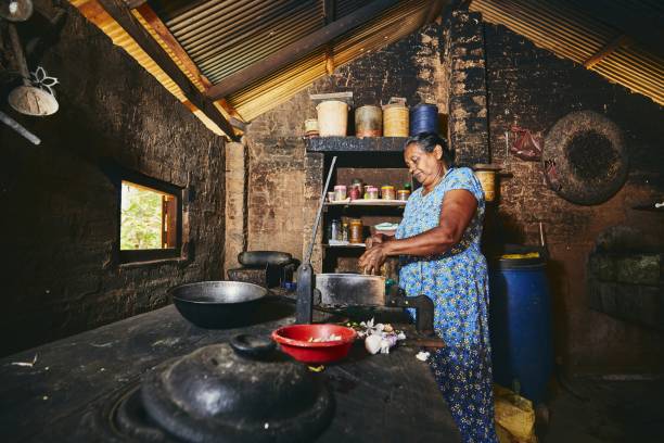 Old home kitchen in Sri Lanka Rural woman preparing food in traditional home kitchen. Domestic life in Sri Lanka. sri lanka women stock pictures, royalty-free photos & images