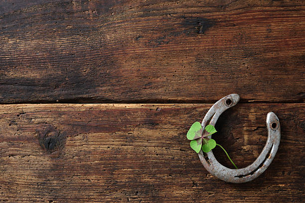 Old horse shoe,with clover leaf Old horse shoe,with clover leaf, on wooden background horseshoe stock pictures, royalty-free photos & images