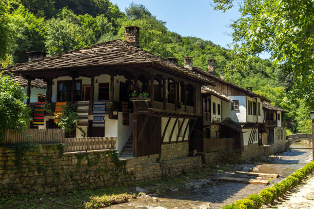 Old house in Ethno village Etar (Etara) near town of Gabrovo, Bulgaria stock photo