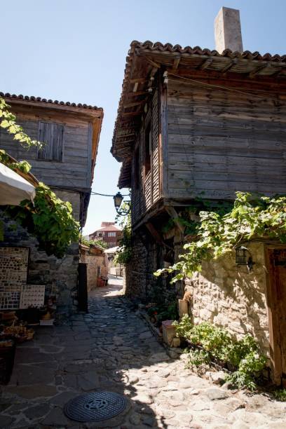 old houses in the town of Nessebar on the shores of the Black Sea in Bulgaria stock photo