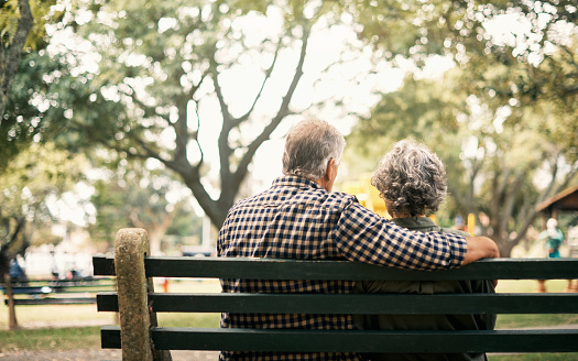 Rearview shot of a senior couple relaxing on a park bench