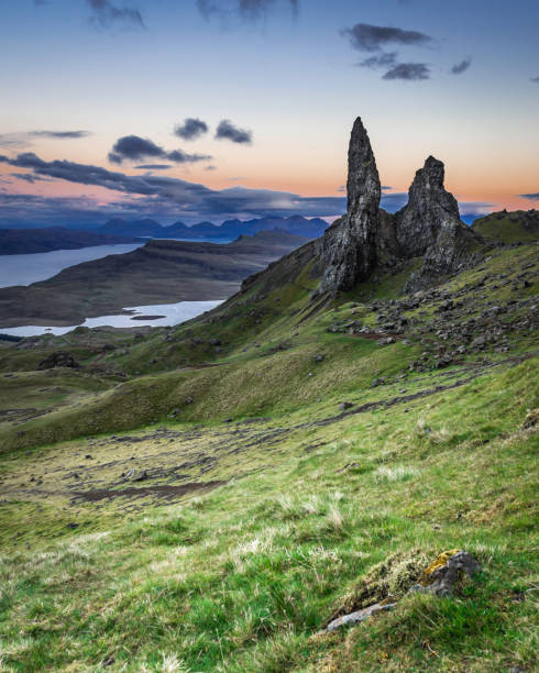 Old man of Storr photographed at blue hour.Famous landmark on Isle of Skye, Scotland. stock photo