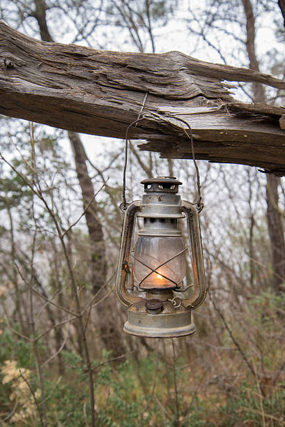 Old metallic dirty and rusty kerosene lamp at forest stock photo
