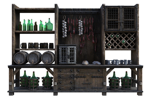 Old middle ages tavern shelving isolated on white, 3d render.