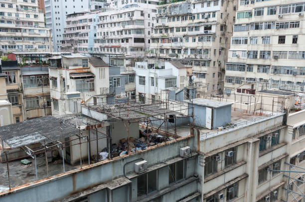 Old residential building in Hong Kong city stock photo