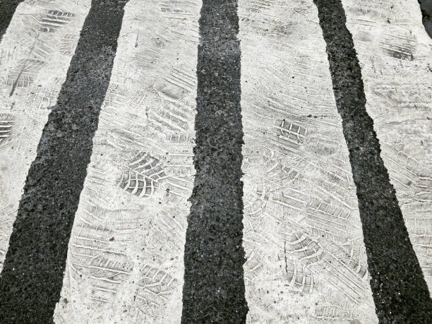 old road marking. white zebra crossing with imprints of tires and foot. stock photo