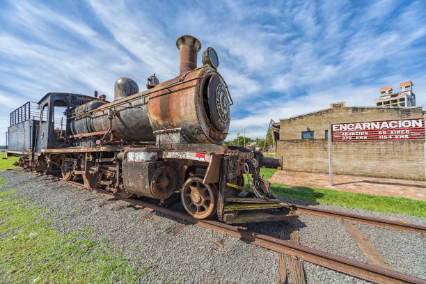 Old rusted steam locomotive in Encarnacion. In Paraguay there is no more rail traffic today. stock photo