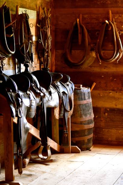 Old Rustic Tack Room a tack room inside an old stable saddle stock pictures, royalty-free photos & images