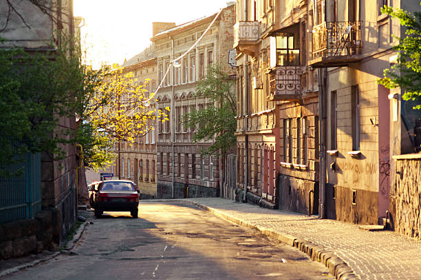 Old street in center of Lviv Converted curved streets in the central part of the city of Lviv, Ukraine lviv photos stock pictures, royalty-free photos & images