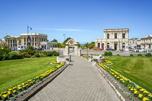 Downtown street view in historic town Oamaru, New Zealand.