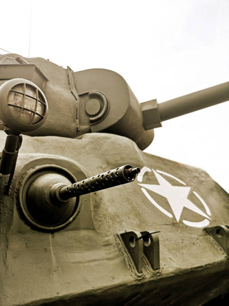 old tank with machine gun stock photo