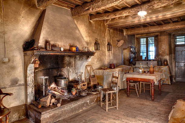 old times farmhouse old times farmhouse - interior of an old country house with fireplace and kitchen cottage stock pictures, royalty-free photos & images
