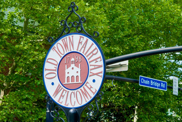 Old Town Fairfax Welcome Sign at Chain Bridge Road (Route 123) stock photo