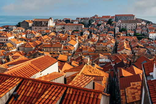 View on rooftops of historic walled centre of Dubrovnik, Croatia