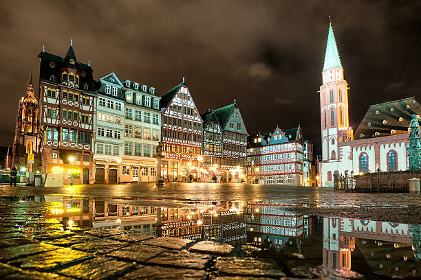 Old town of Frankfurt on Main at night, Germany Gothic houses at the central square of the Old Town of Frankfurt on Main at night, Germany hesse germany stock pictures, royalty-free photos & images