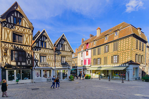 Old town scene in Auxerre stock photo