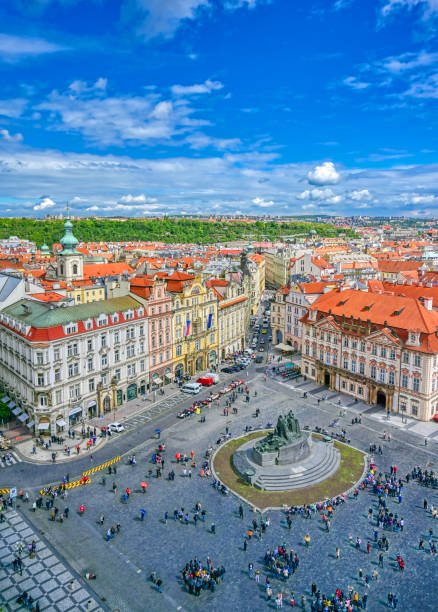 Old Town Square of Prague, Czech Republic Prague, Czech Republic - May 10, 2019 - Aerial view of Old Town Square of Prague, Czech Republic on a sunny day. prague old town square stock pictures, royalty-free photos & images