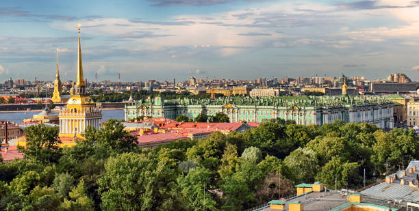 Old town St. Petersburg skyline from top view at sunset in Russia stock photo