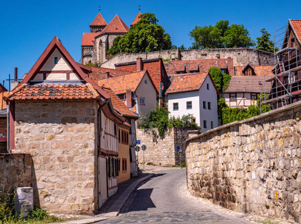 Old town with castle in Quedlinburg stock photo