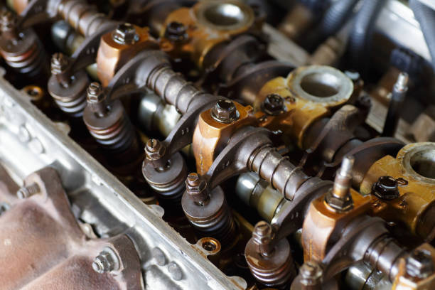 Old valve Single Camshaft on engine.maintenance and adjusting valves clearance Car stock photo