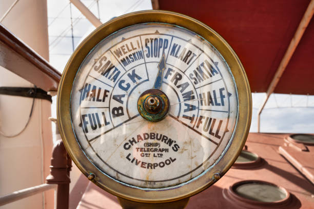 Old vintage ship speed control meter outdoor on ship deck. stock photo