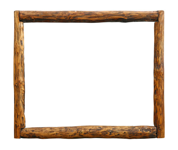 Old vintage wooden brown rustic log border frame, isolated on white stock photo