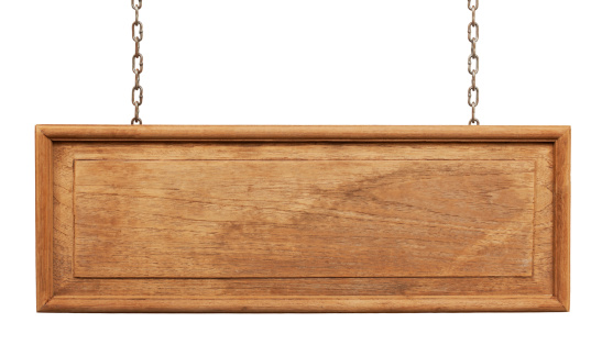 Old framed weathered wood signboard hanging by chains, isolated on white,clipping path included.