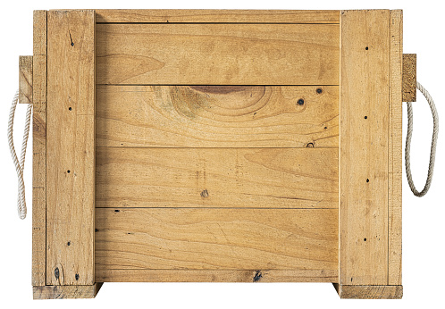 Protective packaging box with carrying handles. Lots of wood character and texture, good copy space in the center of the image.