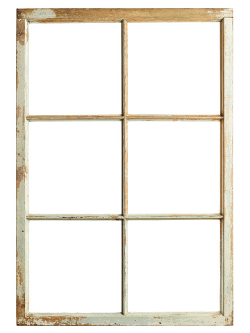Old window frame, six square glazing, isolated image