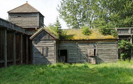 The buildings inside  the fort at Fort Edmonton in Alberta, Canada.: