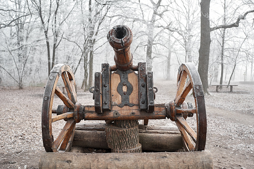 Old wooden cannon of the Cossacks, on a pedestal in the winter forest in Kyiv, Kyiv City, Ukraine