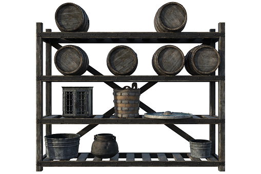 Old wooden shelving with wine barrels isolated on white, 3d render.